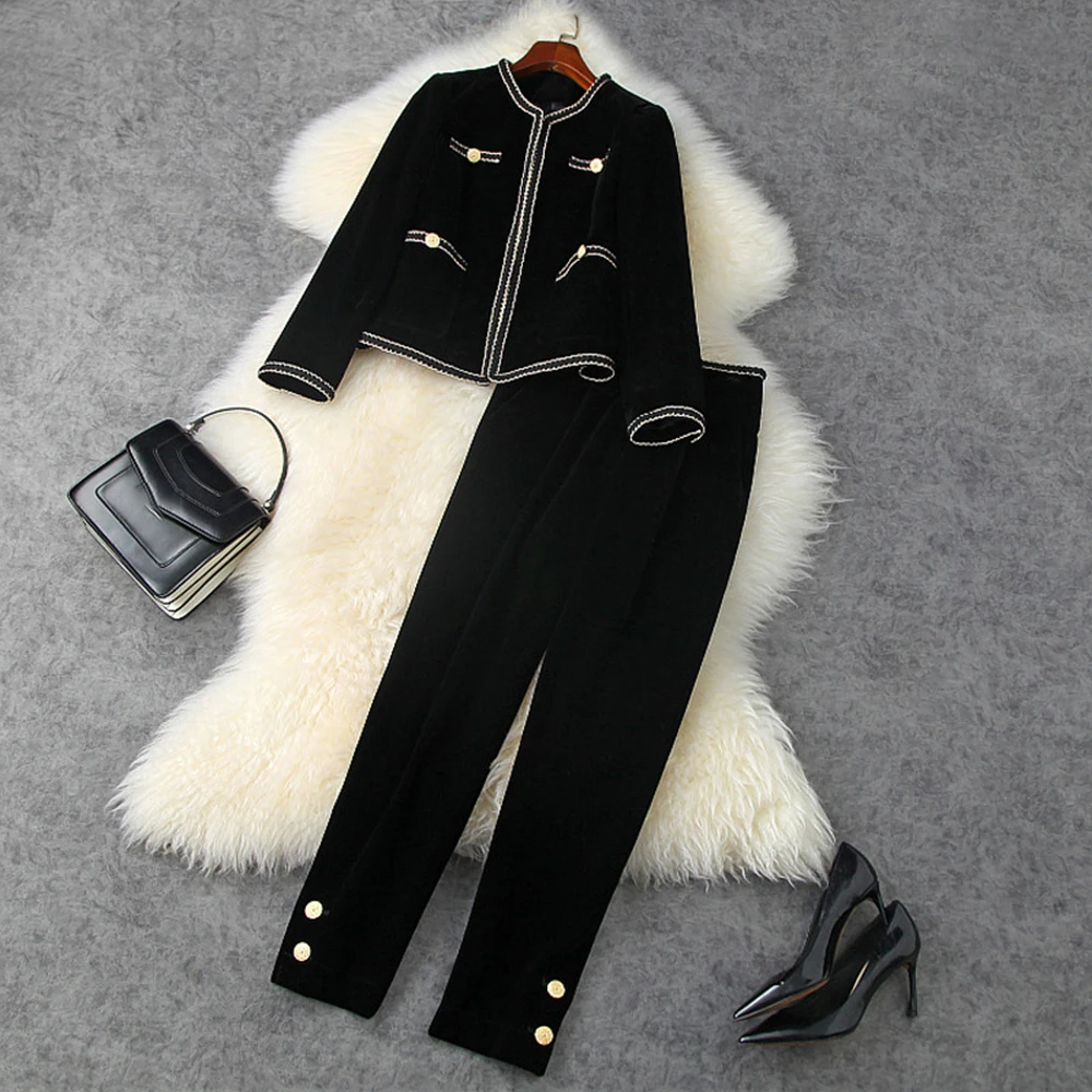 

Women Black Pleuche Two-Piece Suit Autumn Winter Office Lady Pants Set O-Nneck Golden Button Jacket Velvet Pencil Trouser