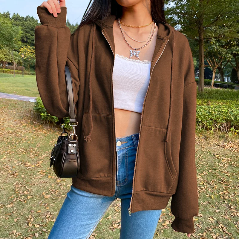 Oversized Hoodie Retro Pocket Women's Long Sleeve Pullover Kawaii Clothing Aesthetic Zipper Hooded Sweater Winter Jacket Tops