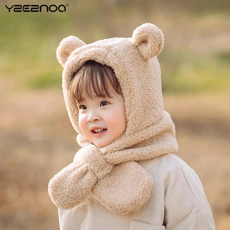 

Зимний Теплый детский шарф, шапка, плюшевый детский шарф, защита ушей, зимняя Лыжная ветрозащитная шапка, облегающие шапки из овечьей шерсти, шейный снуд