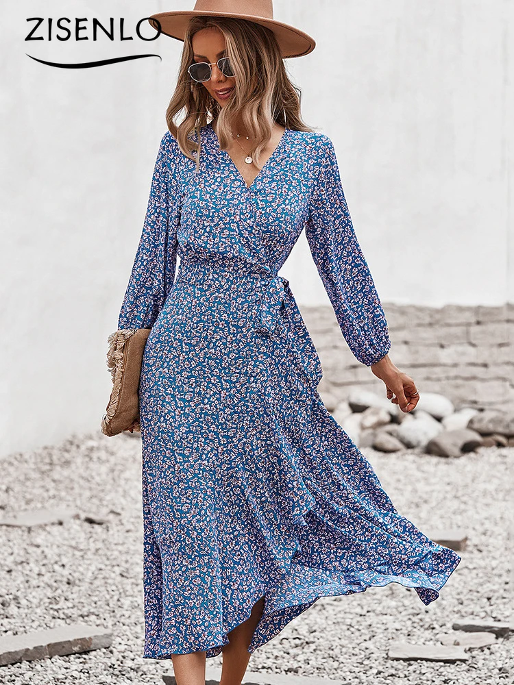 

Women's Dress Spring New Floral Print Dress Tied Hem Dress Casual Vacation Dress V Neck Long Sleeve High Waist Dresses Vestidos