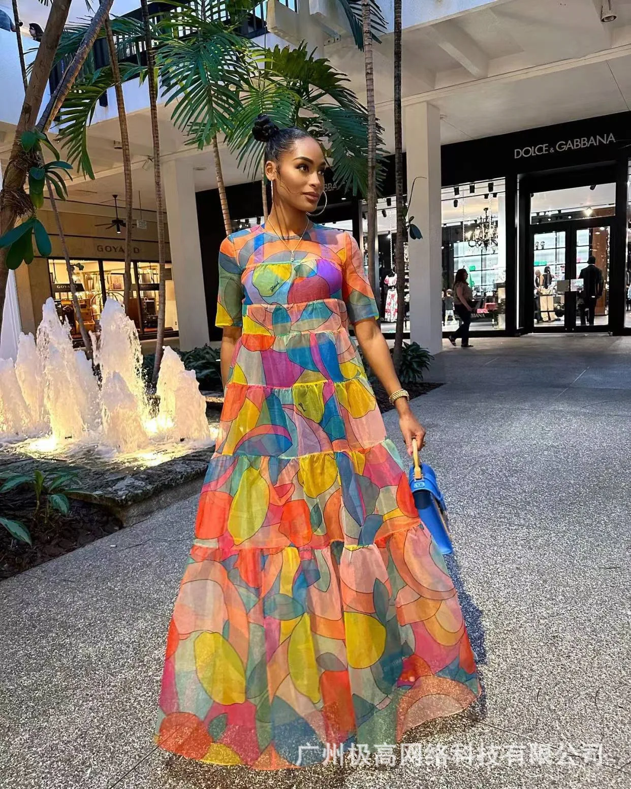Fruit Print Short Sleeve Maxi Dress Women Long Loose Spring Summer
