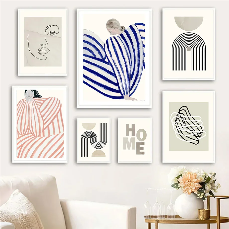 

Striped Girl Geometric Curve Line Face Wall Art Canvas Painting Nordic Posters And Prints Wall Pictures For Living Room Decor