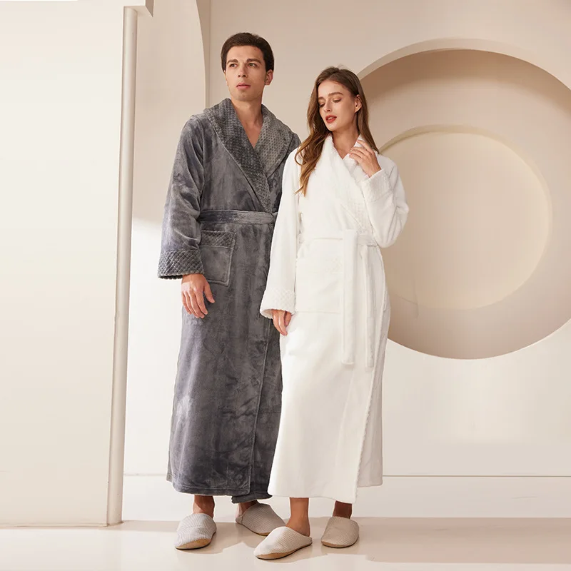 Winter Warm Flannel Couple Nightgown Women's Long Coral Fleece Bathrobe Pajamas Bathrobe for Boys and Girls Same Style