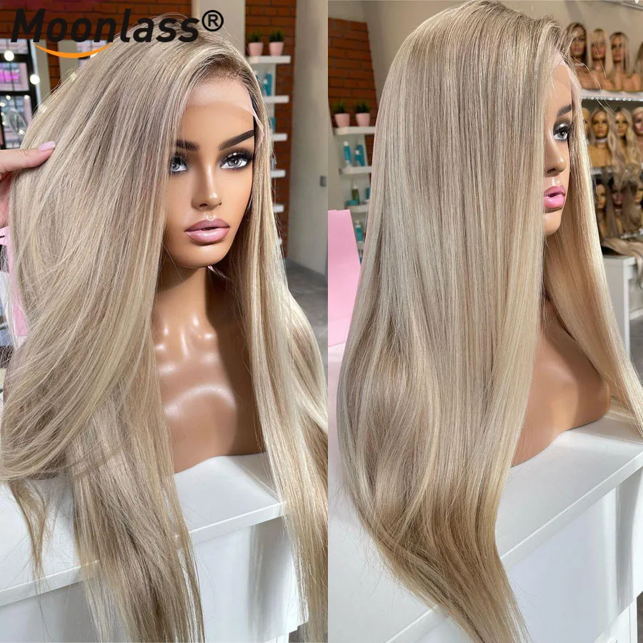 Human Hair Wigs Glueless Highlight Ash Blonde Straight 100% Human Hair 180 Density 13x6 Lace Front Preplucked Natural Remy