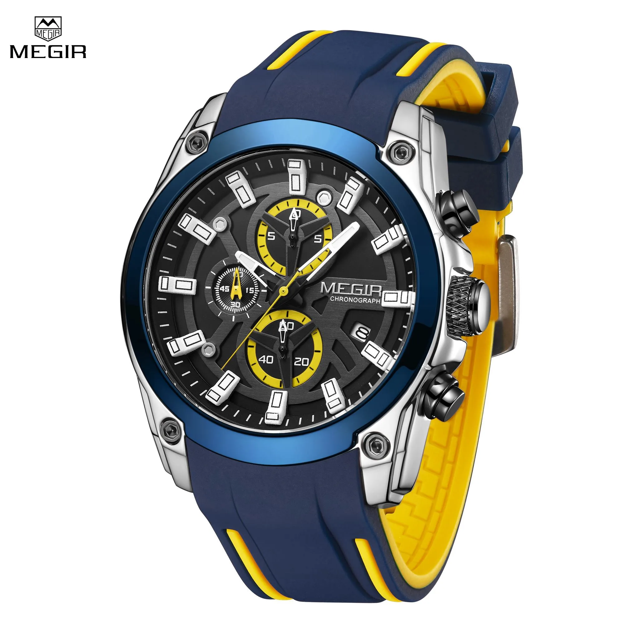 MEGIR Orologio Uomo Al Quarzo Cronografo - Quadrante Grande Luminoso, Cassa In Lega, Cinturino In Silicone Morbido - Colore Oro, Modello 2206G - 3
