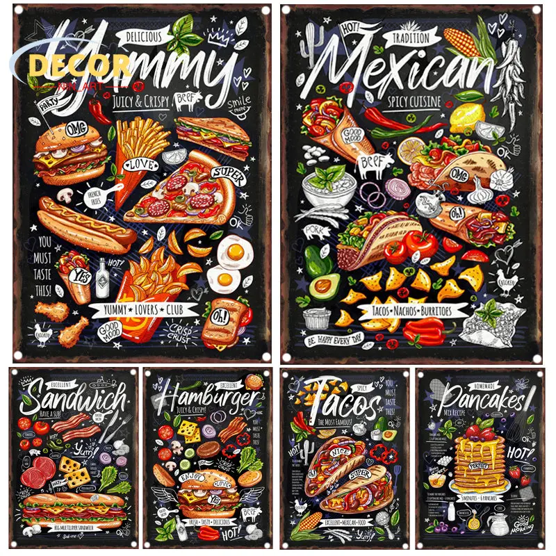 

Металлический Оловянный Ретро-плакат для Yummy, Мексиканский сэндвич-гамбургер, тако, блинчики, живопись, искусство, настенное эстетическое украшениеДекорация Домашние украшения Украшения Декоративные помещения Старый