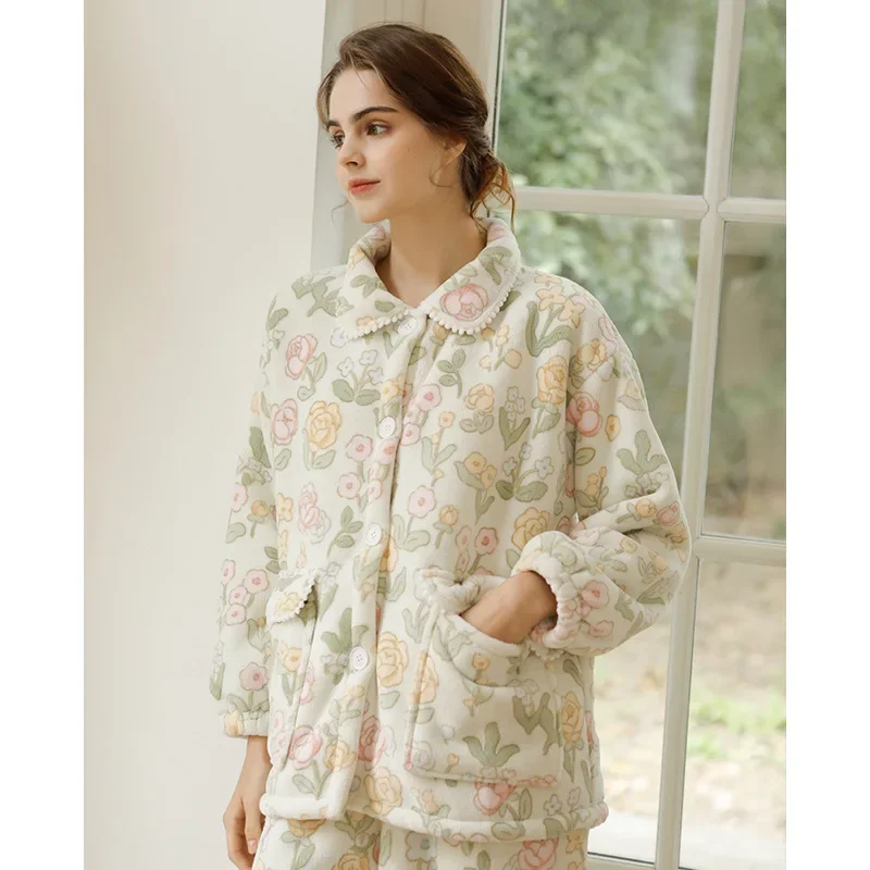 New Winter Women Pajamas Set Thickened Fashion Elegant Composite Fleece Warm Tulip Printing Long Home Sleepwear Women's Clothing