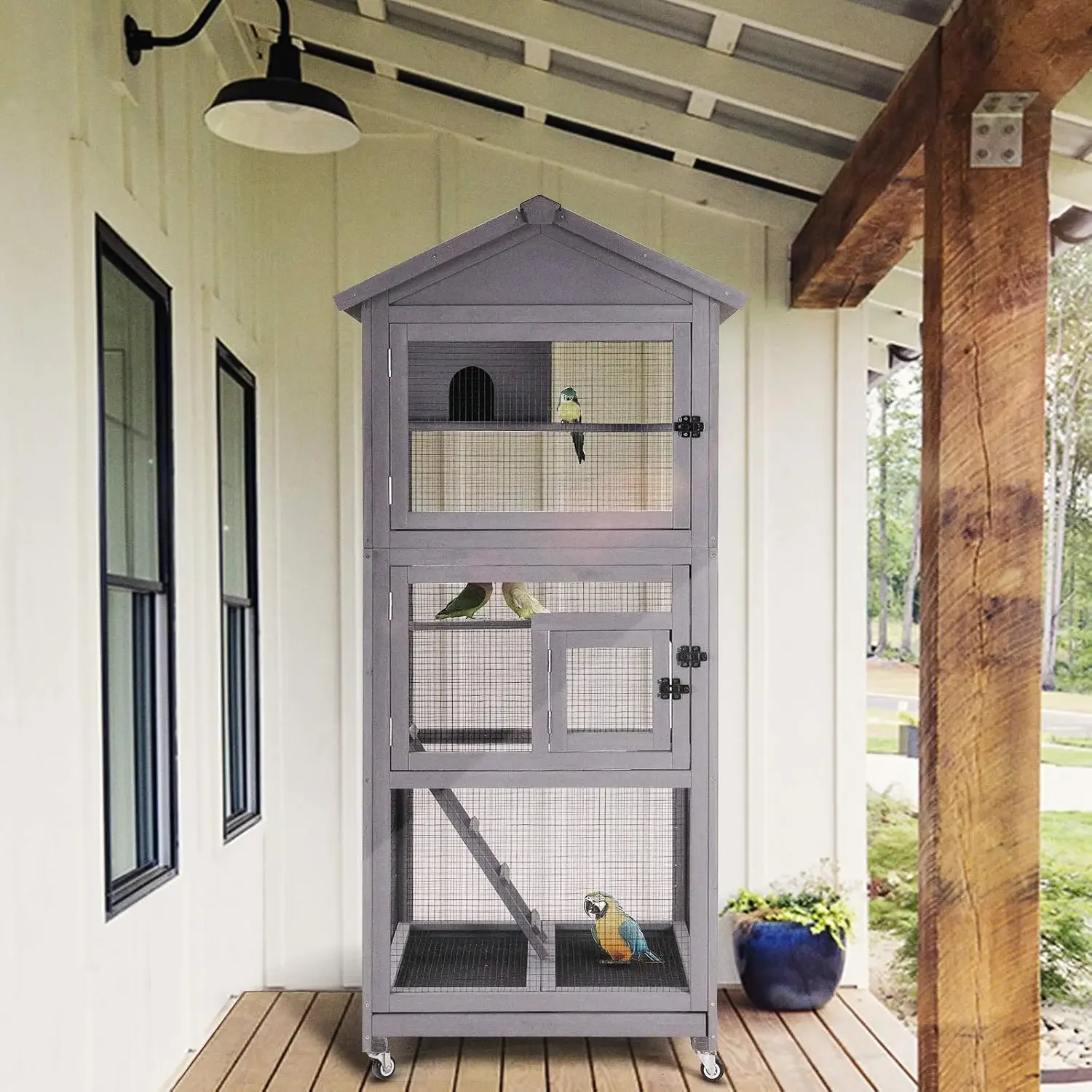 GUTINNEEN Outdoor Bird Aviary Wooden Large Bird Cage on Wheels, Featuring Play Stand, Perches, Nest Habitat, Include Wire Mesh a