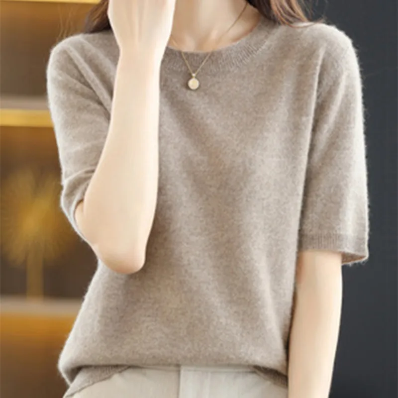 ตัวเลือกสินค้า ฤดูใบไม้ผลิและฤดูร้อนใหม่แขนสั้นผู้หญิง O-คอ Slim Wool Cotton Blend เสื้อกั๊กเสื้อยืดถักเสื้อกันหนาว