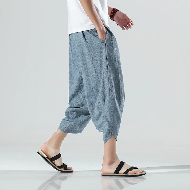 2023 Summer Harajuku Calf Length Casual Men's Pants Wide Leg Cotton Linen Harem Baggy Pants Fashion Men's Clothing 6