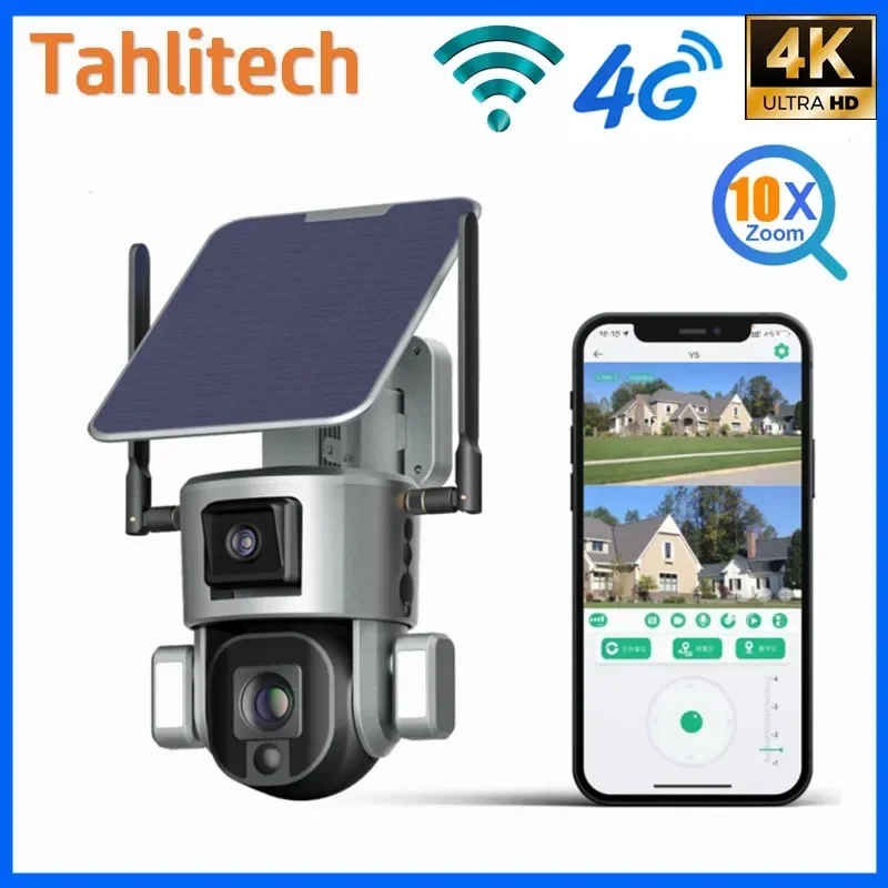 

4G Solar Camera Dual Lens 10X Zoom Outdoor WiFi Security 4G Camera 4K HD Solar Security Protection Two Way Talk Night Vision Cam