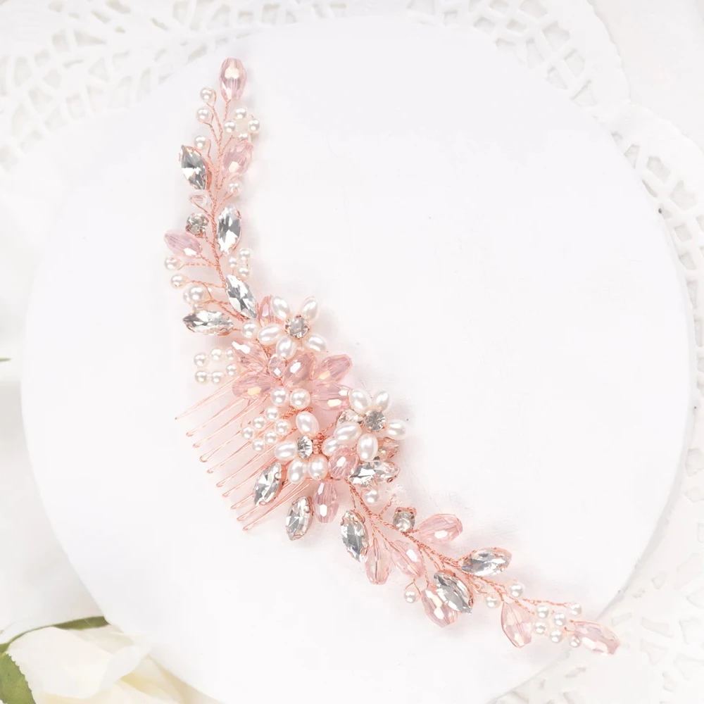 Pink Crystal Rhinestones Hair Comb Pink Wedding Head Jewelry Bridal Hair Accessories Women Tiara Handmade Ornament Headpiece