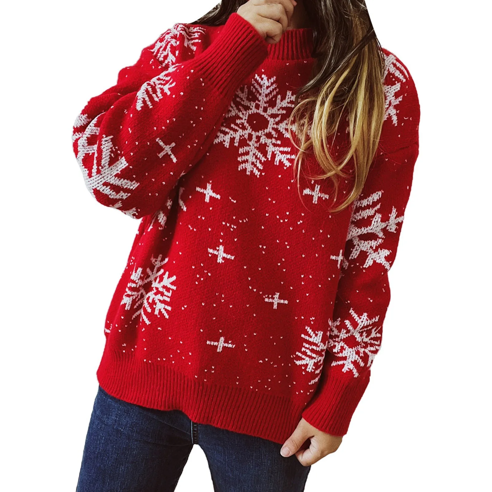 

Women's Autumn/Winter Thickened New Year Sweater Christmas Sweater Snowflake Round Neck Long Sleeve Knitted Pullover