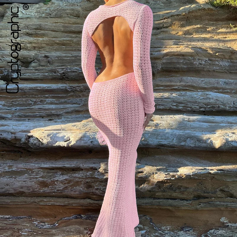 

Cryptographic Knitted Sexy Backless Maxi Dress Party Fashion Long Sleeve See Through Pink Dresses for Women Autumn 2023 Outfits