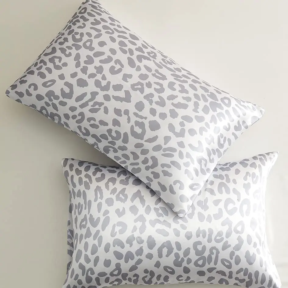 Satin Pillowcase for Hair & Skin, Grey Leopard Printed Pillow Cases Set of 2, Silk Satin Pillow Covers with Envelope Closure