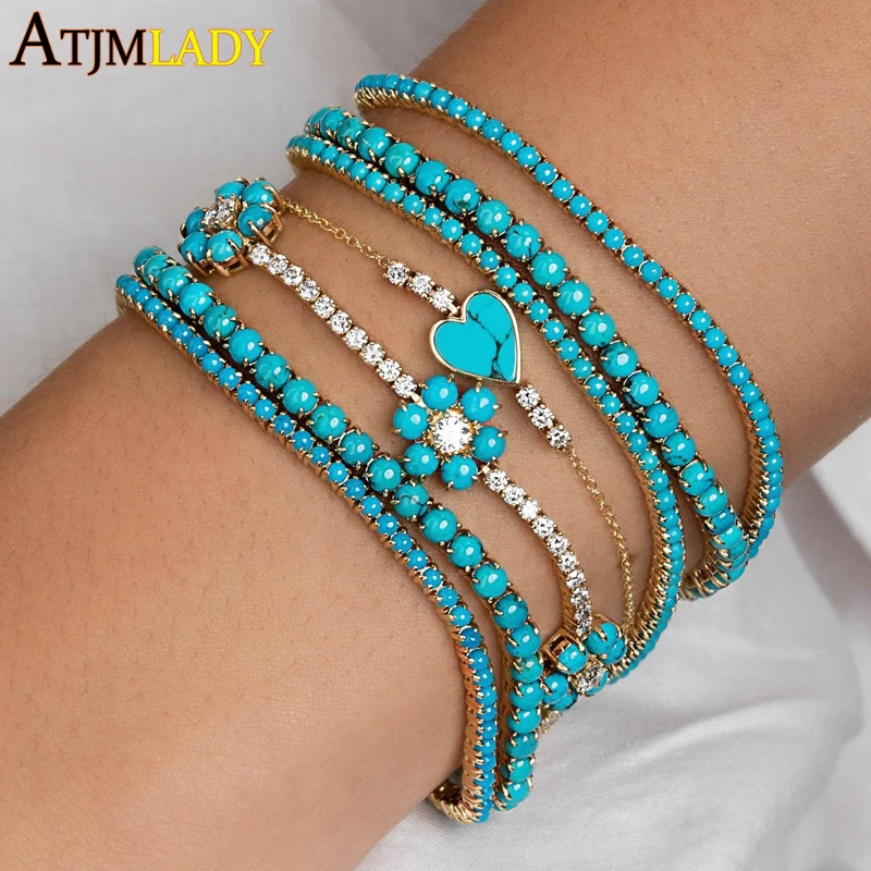 New High Quality Gold Color Plated 3MM Turquoise Stone Paved Tennis Chain Necklace For Women Girls Fashion Jewelry Choker