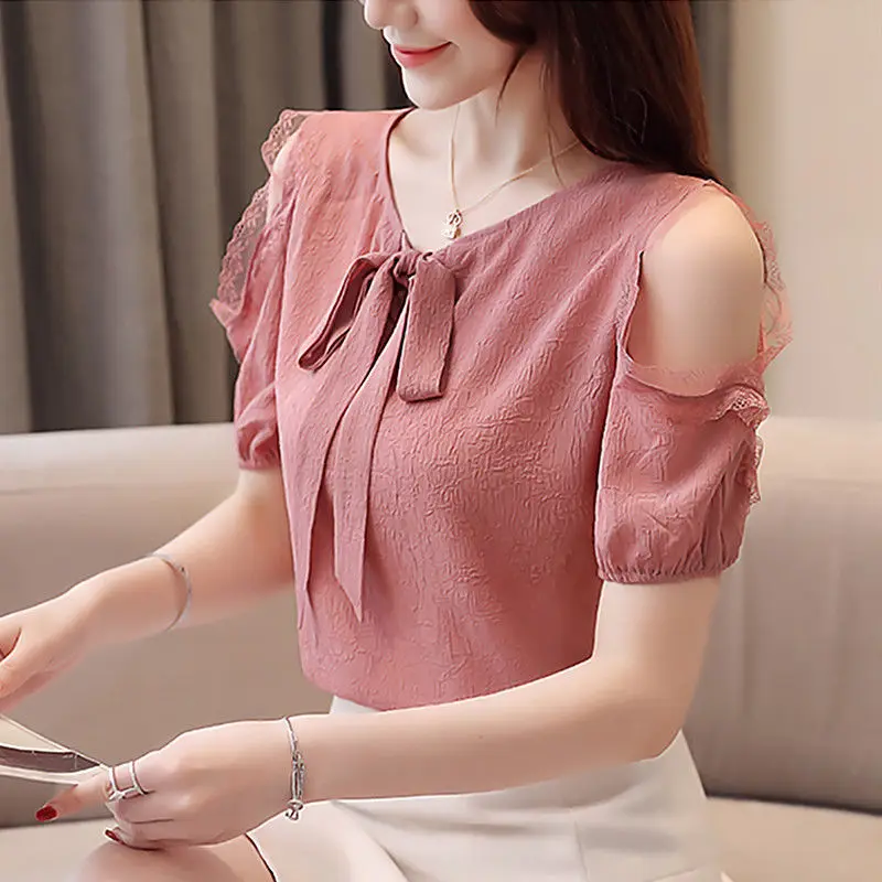 Short Sleeve Bow Off Shoulder Splicing Lace Blouse Lace Up Plus Size Loose Female Clothing Sweet Commute Shirt Summer Tops