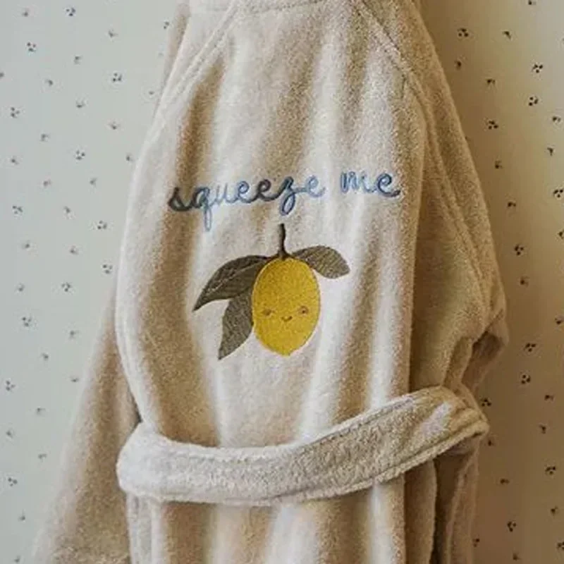 Konges Slojd Baby Boys Flannel Bathrobe Towel Kids Soft Bath Robe Nightgown Girls Cherry Lemon Cotton Hooded Bath Towel Pyjamas 6