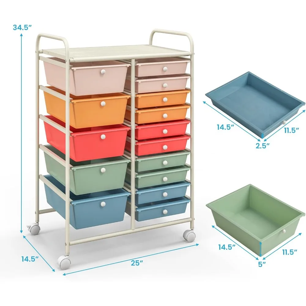 15 Drawers Rolling Cart, Storage Cart with Wheels, for Teacher Office Home School Supplies Tool Craft Art Paper
