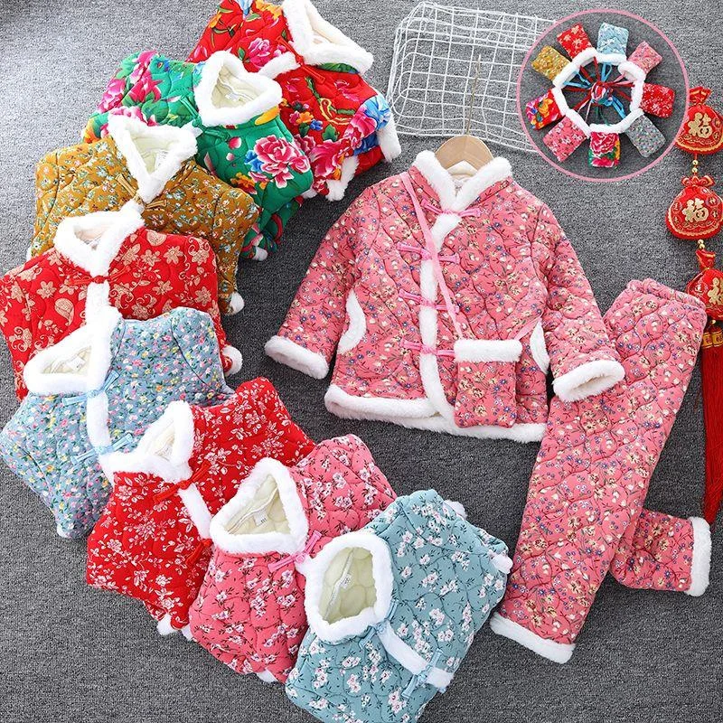 

2 Years Girl Cloths Winter Children Printed Suit Clothes New Casual Padded Cotton Jacket Coat Tops And Pants Warm Outfit Street