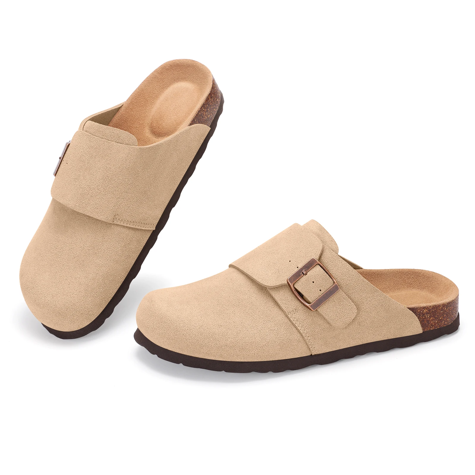 Litfun Klassische Clogs-Hausschuhe für Damen, lässig, prägnante Rutschen, Wildleder-Kork-Sandalen, Sommer, neue Damen-Pantoletten mit verstellbarer Schnalle
