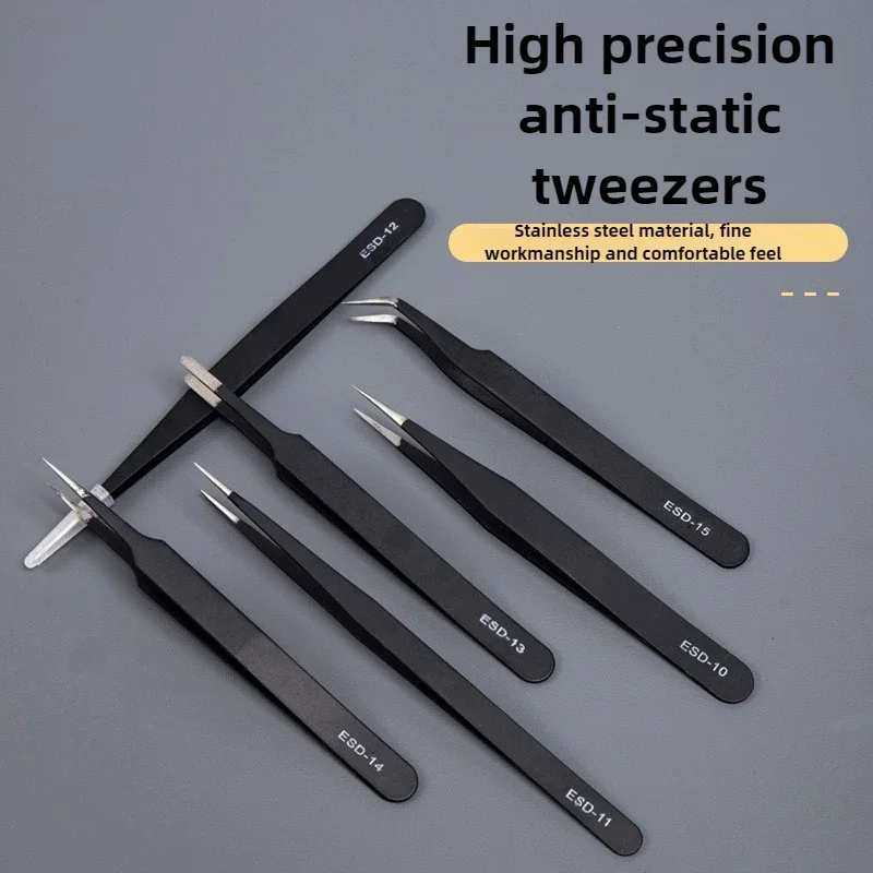 Precision Tweezers Set ESD Anti-Static Stainless Steel Tweezers Repair Tools for Electronics Repair Soldering Craft Tools