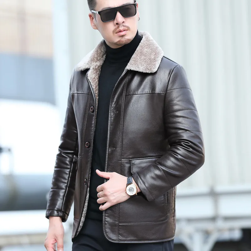 Natural Leather Men's Autumn and Winter Casual Lapel Mid Length Business Leather Down Jacket Plus Size