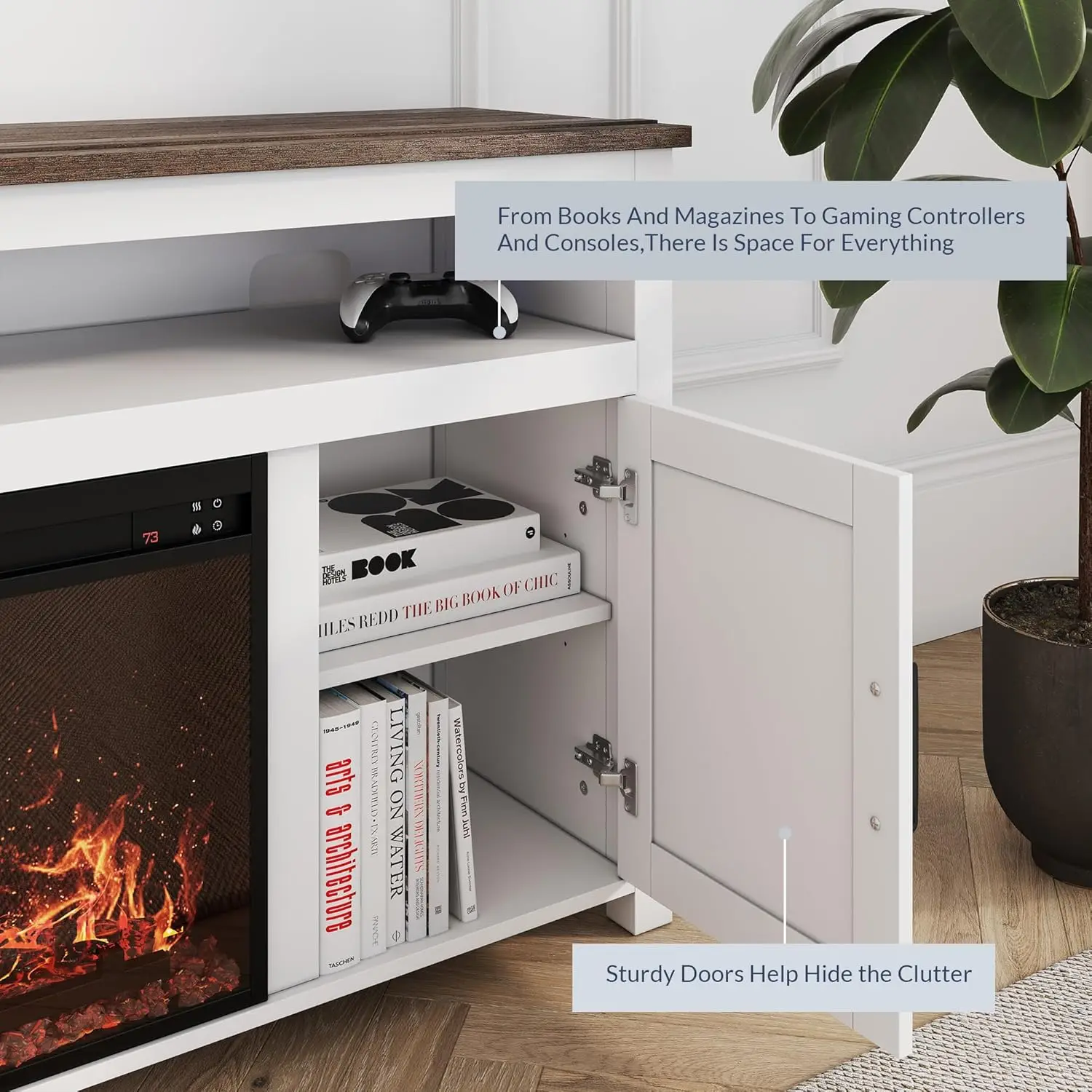58" Farmhouse Fireplace TV Stand for TVs Up To 65" 23" Electric Fireplace Heater with Sound Barn Door Storage Cabinets - White 3