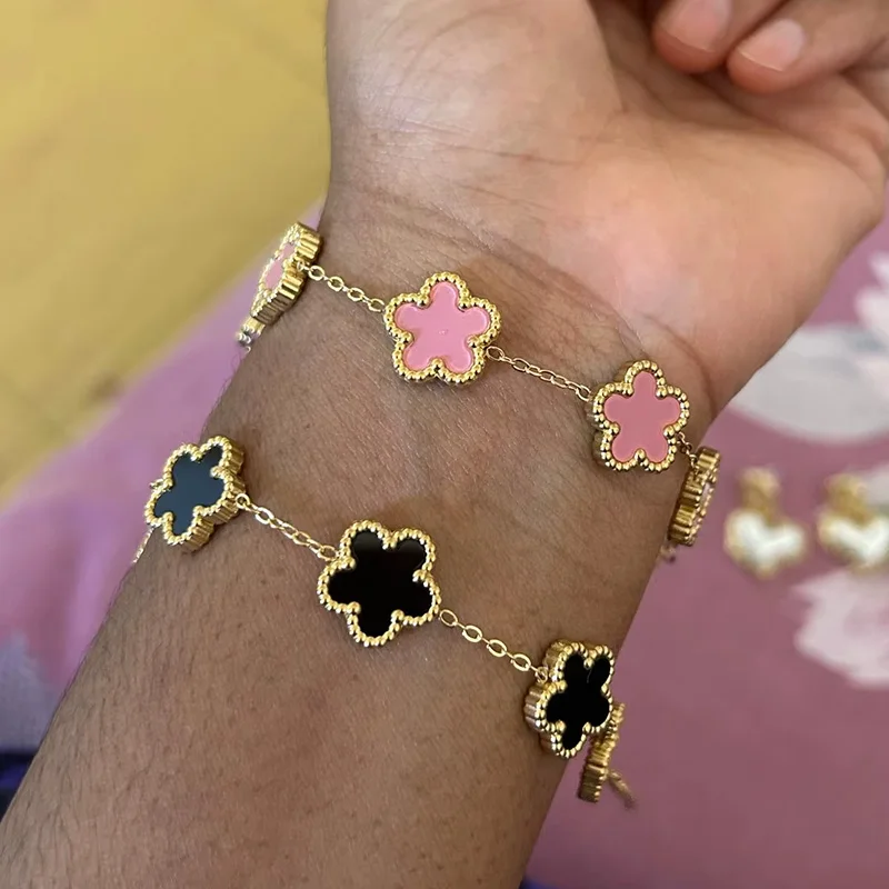 Clover Women's Double-Sided Flower Charm Bracelet - Stainless Steel Fashion Jewelry Gift