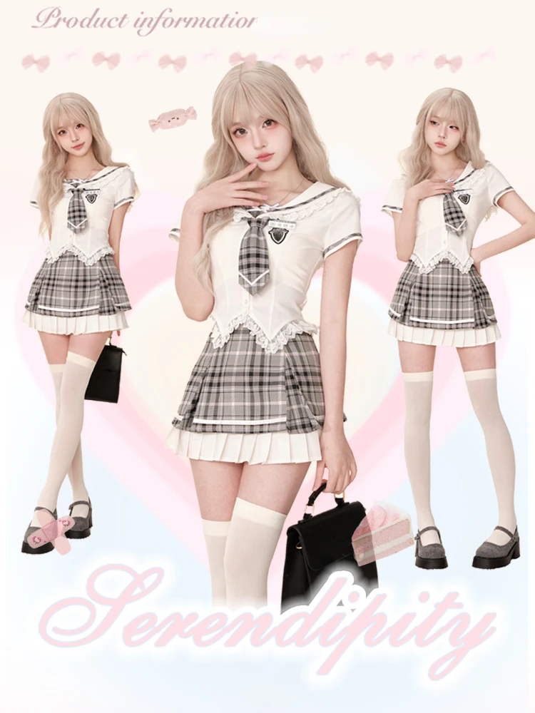 

Японский Элегантный комплект из 2 предметов с юбкой, женская блузка с коротким рукавом, укороченный топ Y2k + облегающая юбка в клетку, винтажные костюмы, корейская мода