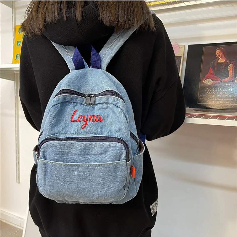 Mochila de lona vaquera personalizada para mujer, mochila de ocio con nombre personalizado, bolsa de viaje para estudiantes universitarios