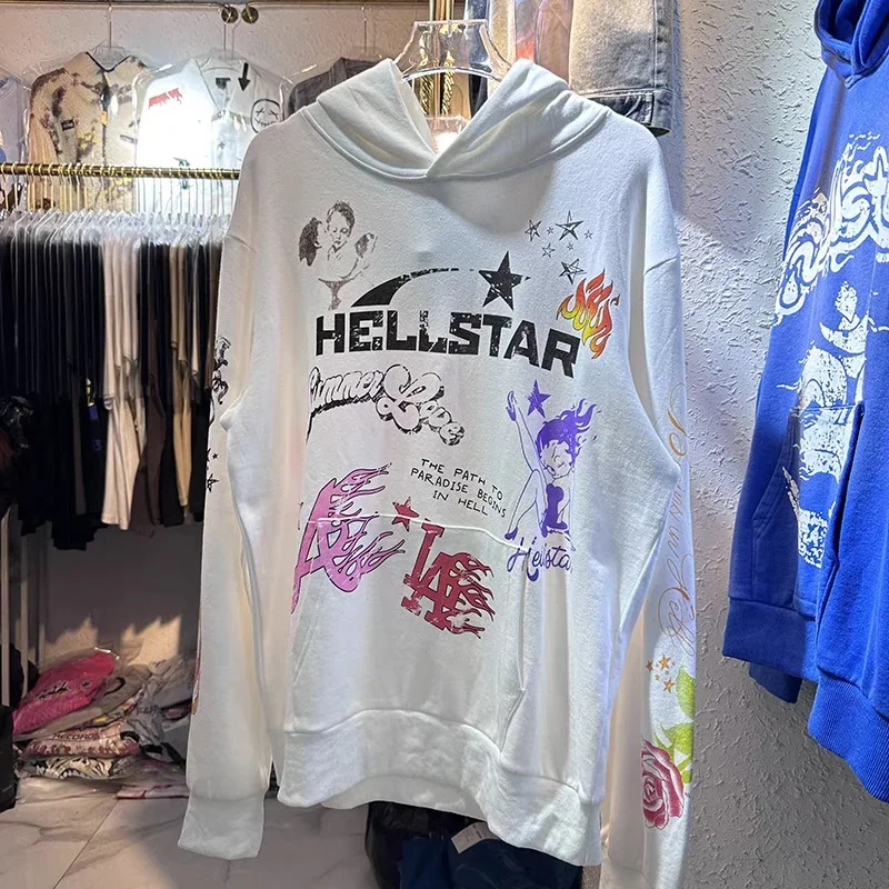 

Y2K Hellstar Vintage Wash Fun Graffiti Print High Street 1:1 Oversized Couple Sports Hoodie
