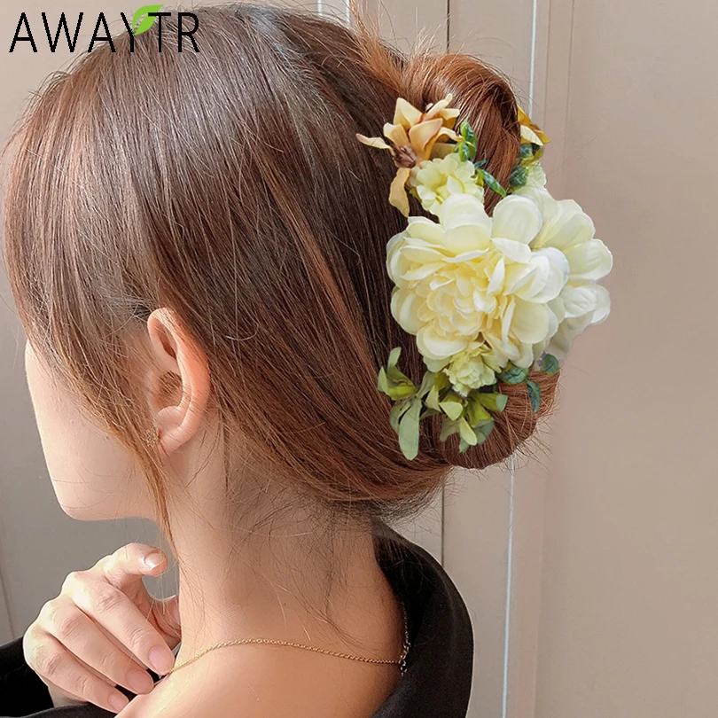 

AWAYTR New Women Large Flower Hair Claw Rose Flowers Hair Clips Barrette Crab Hairpin Ponytail Clip Headwear Hair Accessories