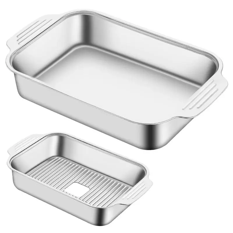 

Stainless Steel Rectangle Shaped Griddle Pan Dish Seafood Tray BBQ Trays With Handles Grilling Pan Fry Pan Grilled Fish Plate