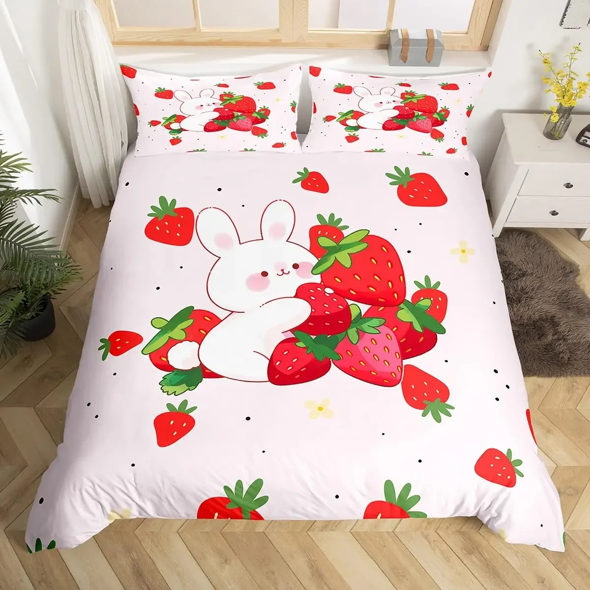Sweet Strawberry Bedding Set Duvet Cover for Kids Children Teens Comforter Cover Bed Room Decor Pink Quilt Cover 3Pcs Full Size