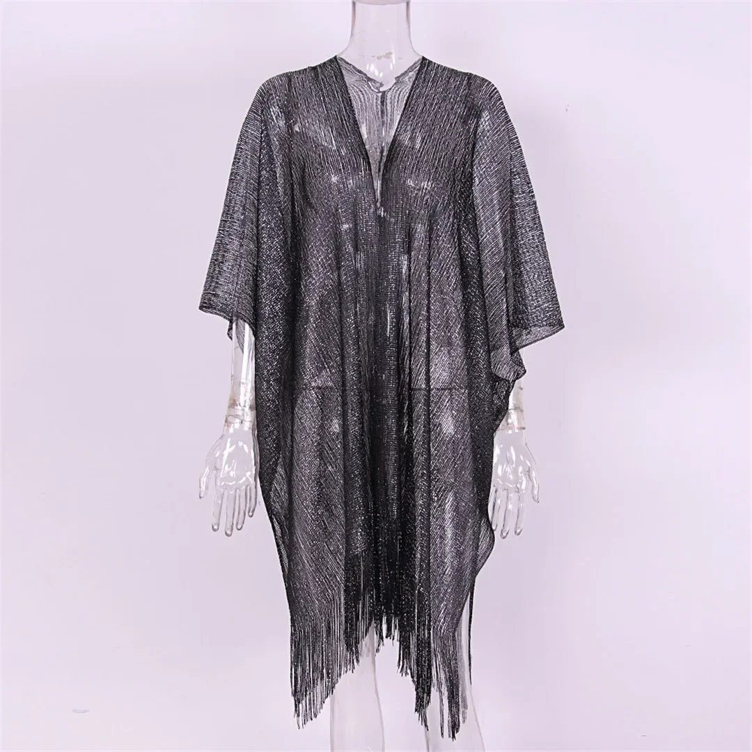Sexy Fringe Tassel Mesh Sheer Shiny Knitted Tunic Beach Cover Up Cover-ups Beach Dress Beach Wear Beachwear Female Women