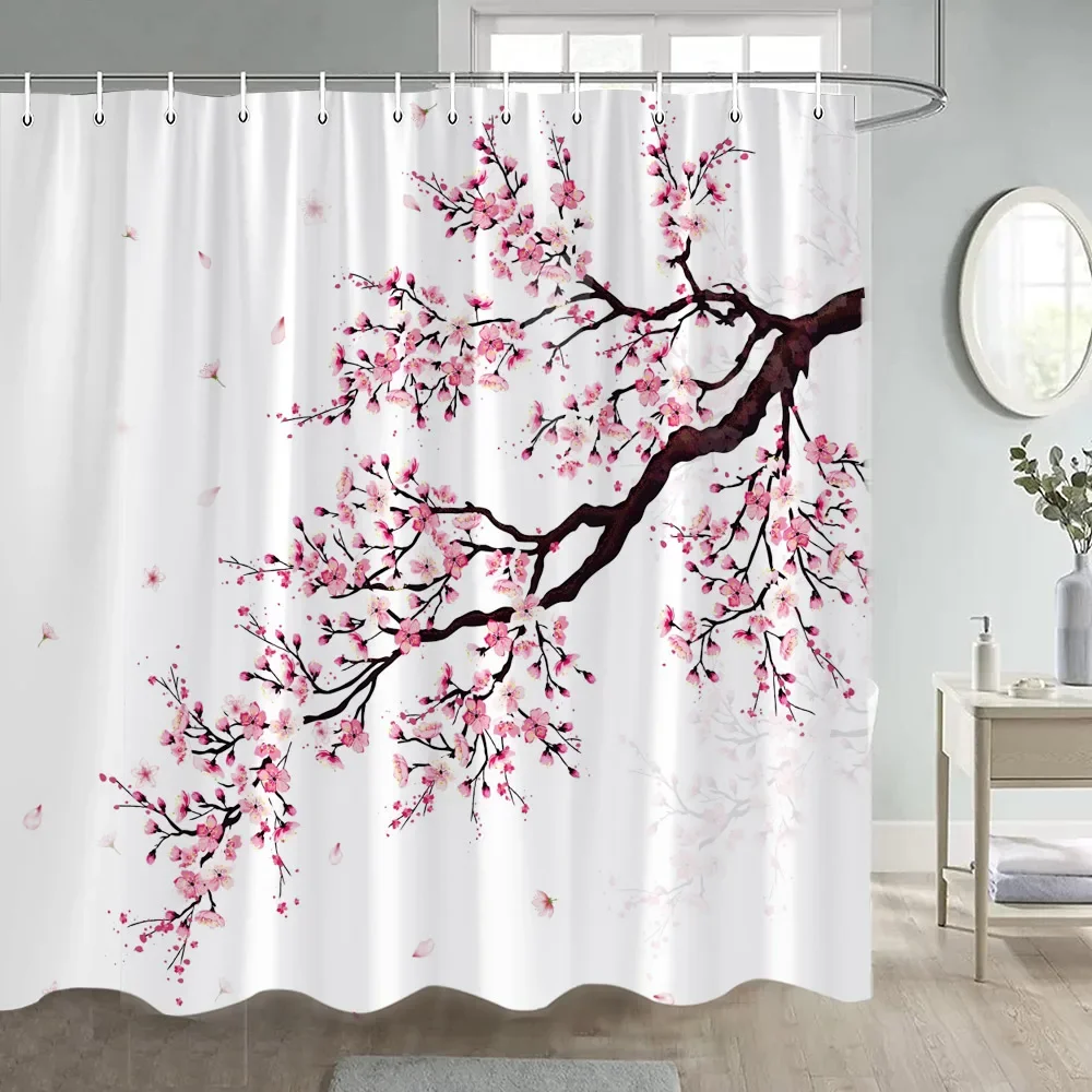 

Pink Flowers Shower Curtains Cherry Blossom Floral Koi Japanese Style Bath Curtain Polyester Fabric Bathroom Decor with Hooks