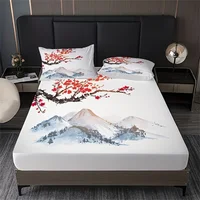 Chinese Style Fitted Sheet Set Ink Painting Plum Mountains Print Mattress Covers Soft Breathable Bedding Set With Deep Pocket 4