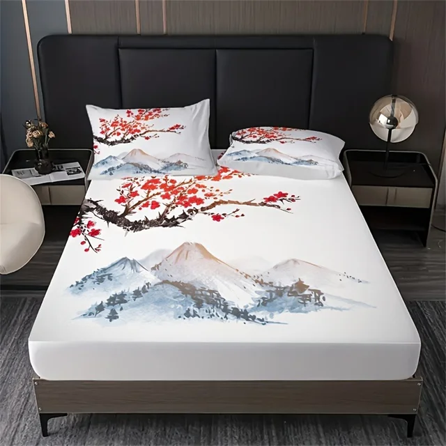 Set di lenzuola con angoli in stile cinese pittura a inchiostro Plum Mountains stampa coprimaterasso Set di biancheria da letto morbida e traspirante con tasca profonda 4