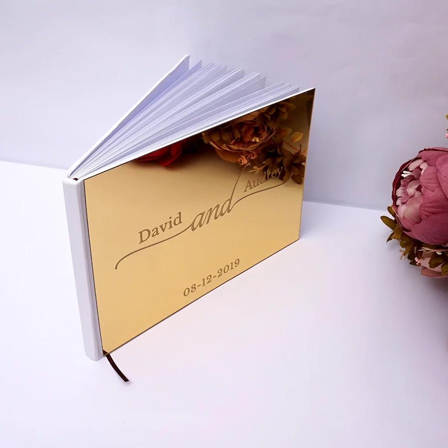 Different Designs Custom Wedding Party Signature Guest Book Personalized Mirror Cover White Blank Inner Pages Horizontal Book