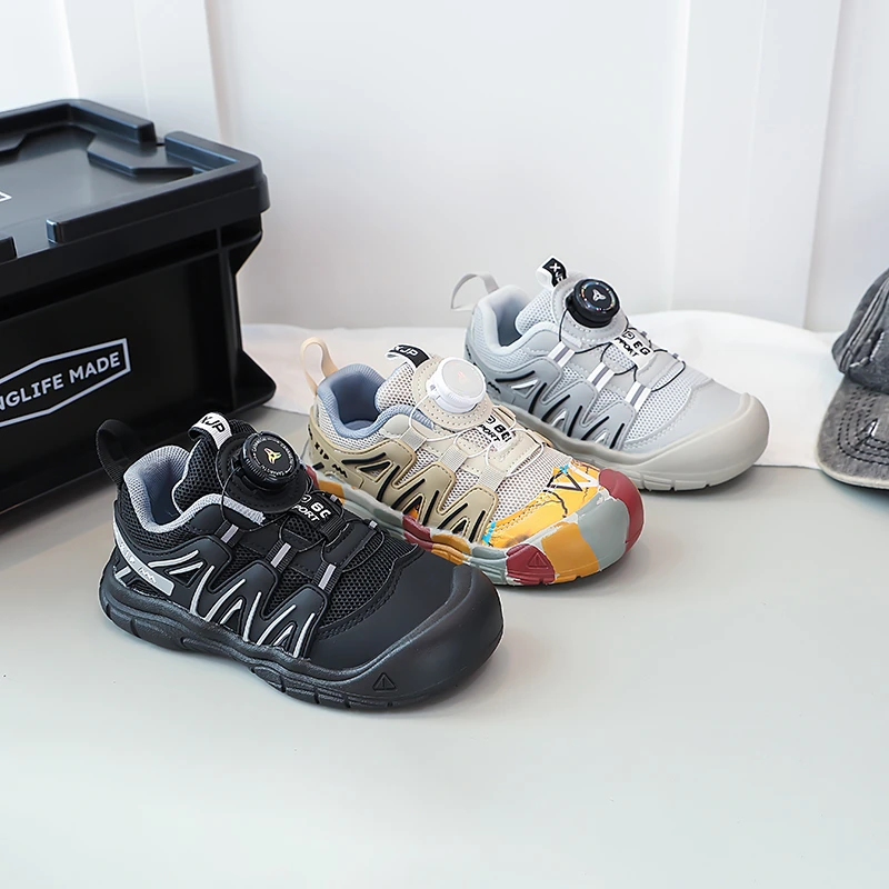 Boys Girls Tennis Shoes Toes Capped Breathable Kids Casual Shoes Rotating Button 2025 Autumn New Children Sports Shoes Soft Sole