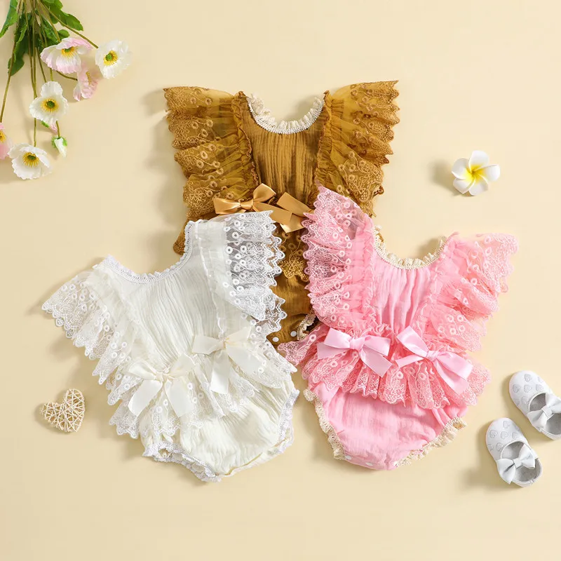 Infant Girls Kids Lace Bodysuits Newborn Toddler Sleeveless Ruffle Bowknot Bodysuit Jumpsuits Outfits Summer Clothing