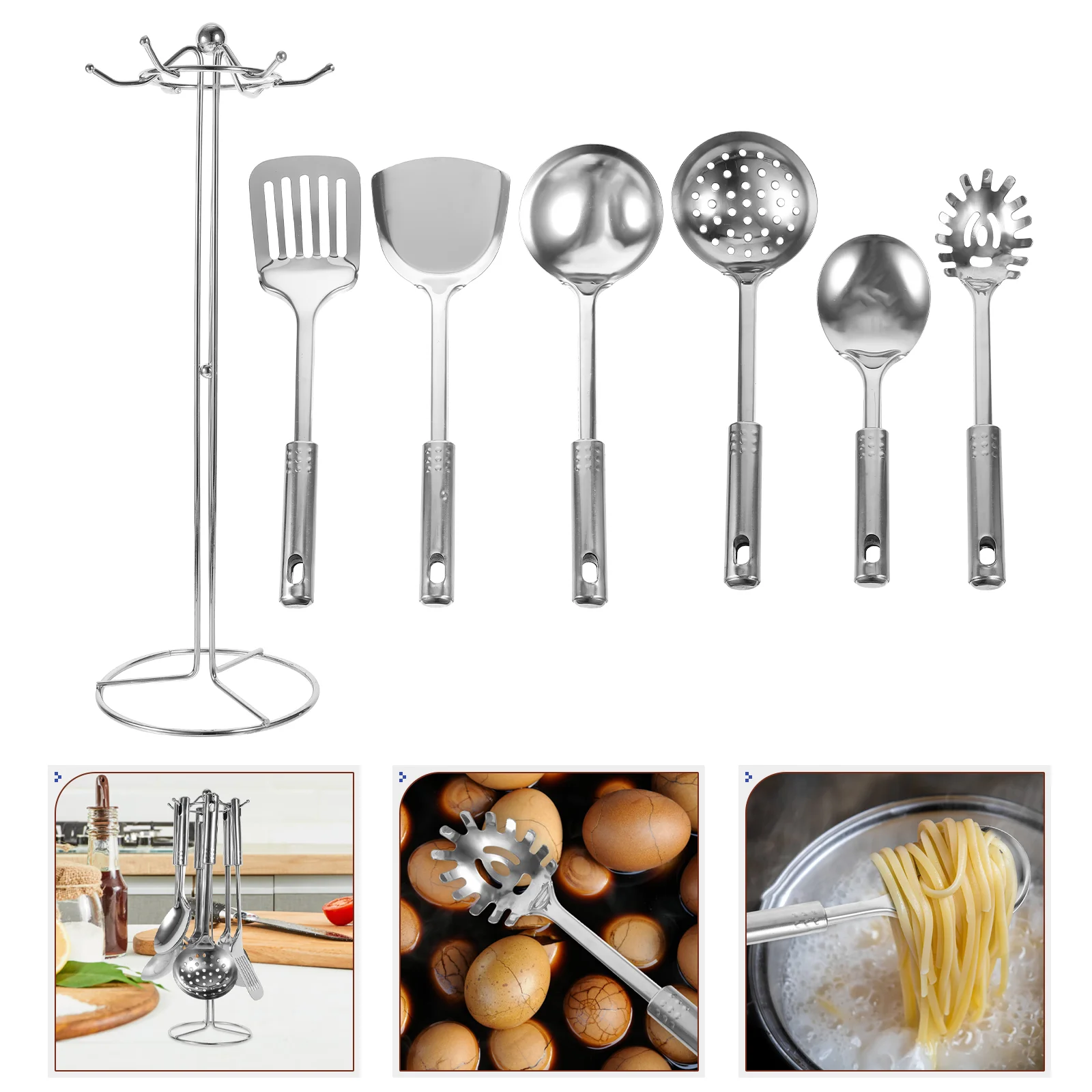 

6pcs Stainless Steel Cooking Utensils Set with Storage Stand Rack Incliuding Spatula Turner Soup Ladle Skimmer Spoon Spaghetti