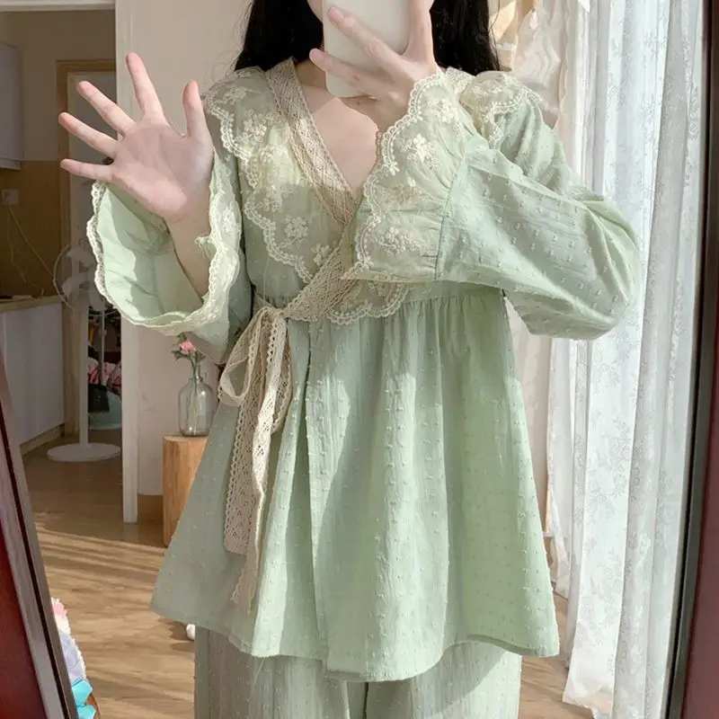 Sleepwear Women Autumn Kawaii Clothes Pajamas Set Lace Cotton Pajamas V-neck Long-sleeved Long Pants Two-piece Set Ruffle
