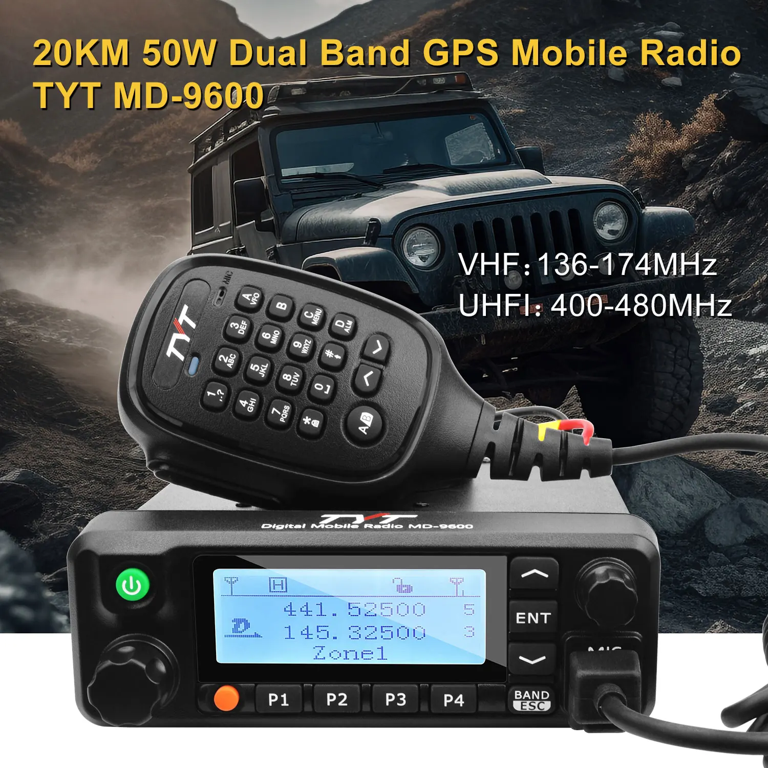 TYT Mobile Transceiver MD-9600 GPS VHF136-174MHz UHF400-480MHz Dual Band Voice Record VOX 50W DMR Digital & Analog Walkie Talkie 2