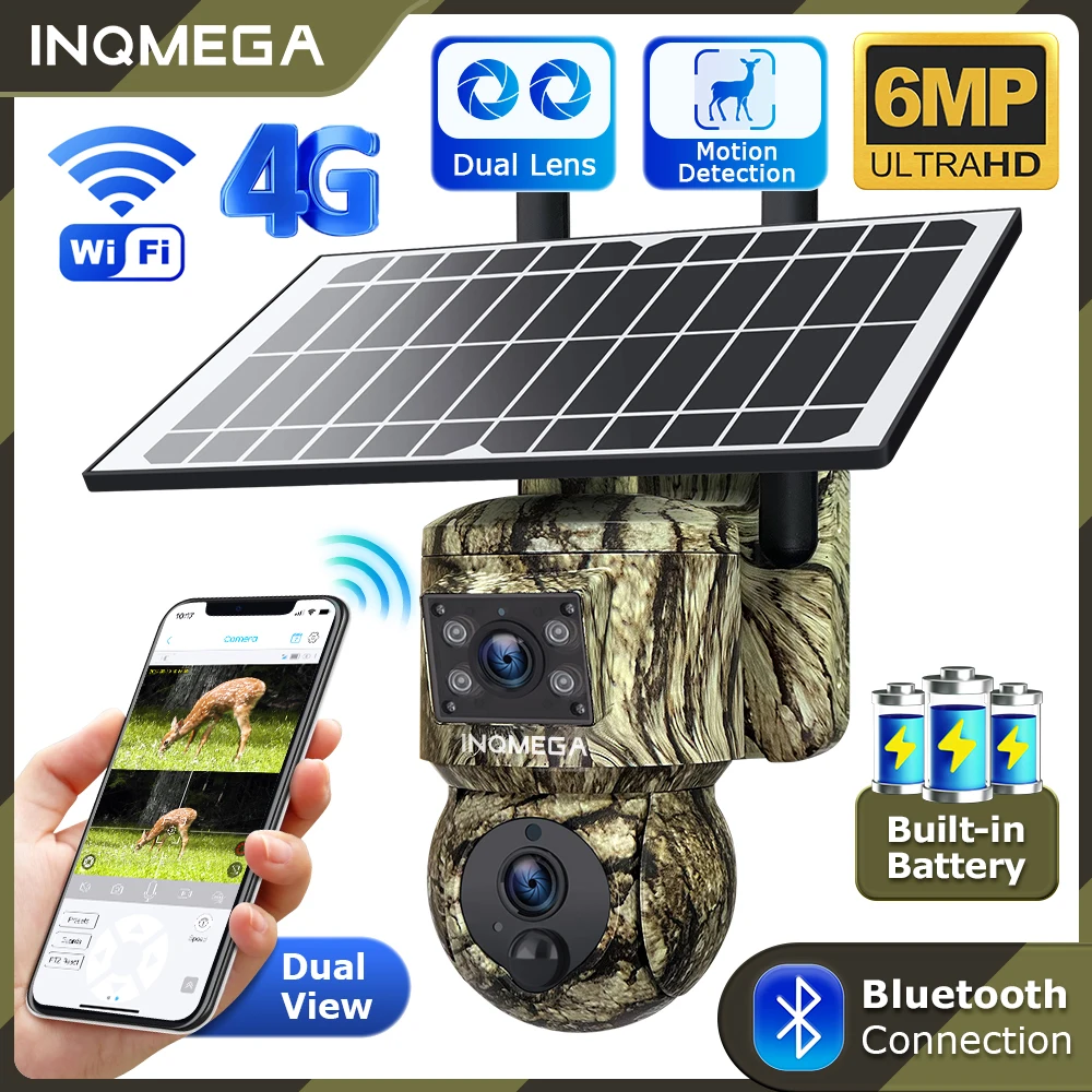 

INQMEGA 6MP WIFI/4G Camouflage Hunting Solar Camera Solar Camera Dual Lens PIR Motion Detection Outdoor PTZ Waterproof Camera