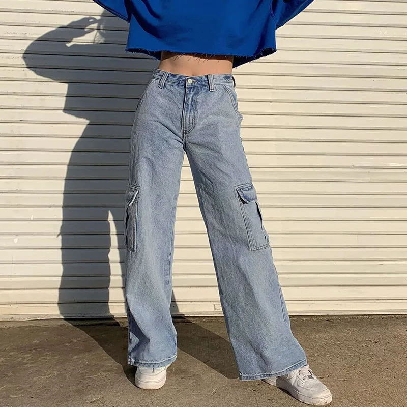 Pockets Patchwork Cargo Pants New Women High Waist Jeans Casual Solid Straight Jeans Fashion Loose Trousers All-match Streetwear