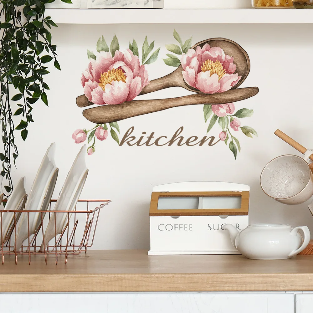 Wall Stickers Creative Wooden Spoon Flowers Wall Stickers Kitchen Restaurant Home Decoration Mural Room Cabinet Decor Self-adhesive Wallpaper
