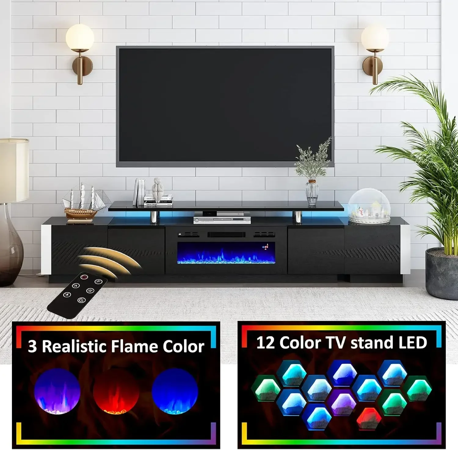 110" Large Fireplace TV Stand Set , Includes 70" 2-Tier Fireplace TV Stand, TV Console with LED Light for Living Room, Black 2