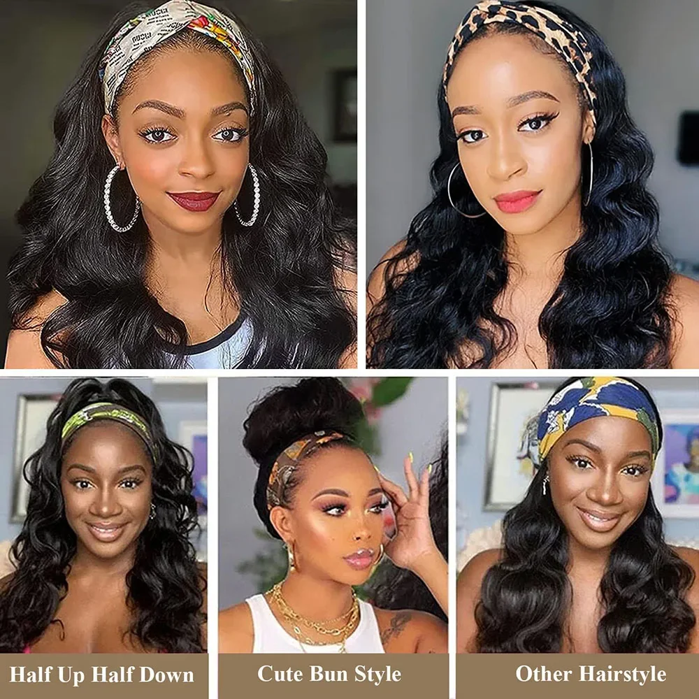 Headband Wig Human Hair Body Wave 16 Inch None Lace Front Wig Wear and Go Wigs for Women 200% Density Wigs Natural Black Color 6